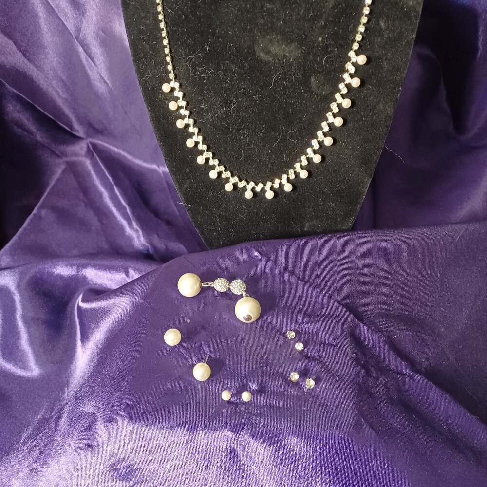 Jeweled Post Earrings, non allergenic.New, 4 sets plus crystal & pearl necklace